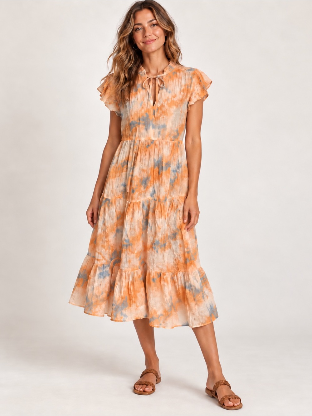Current Air Tie Dye Tiered Midi Dress Ruffle Neck Flutter Sleeve Boho